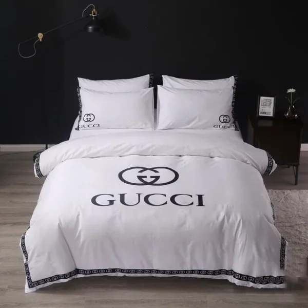 Gucci White Logo Brand Bedding Set Luxury Home Decor Bedroom Bedspread