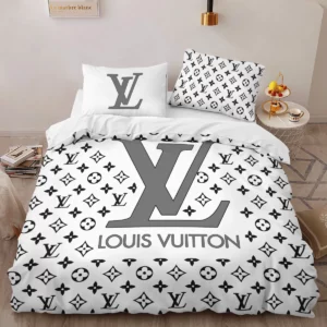 Louis Vuitton White Louis Vuitton Logo Brand Bedding Set Bedspread Bedroom Home Decor Luxury