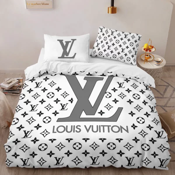 Louis Vuitton White Louis Vuitton Logo Brand Bedding Set Bedspread Bedroom Home Decor Luxury