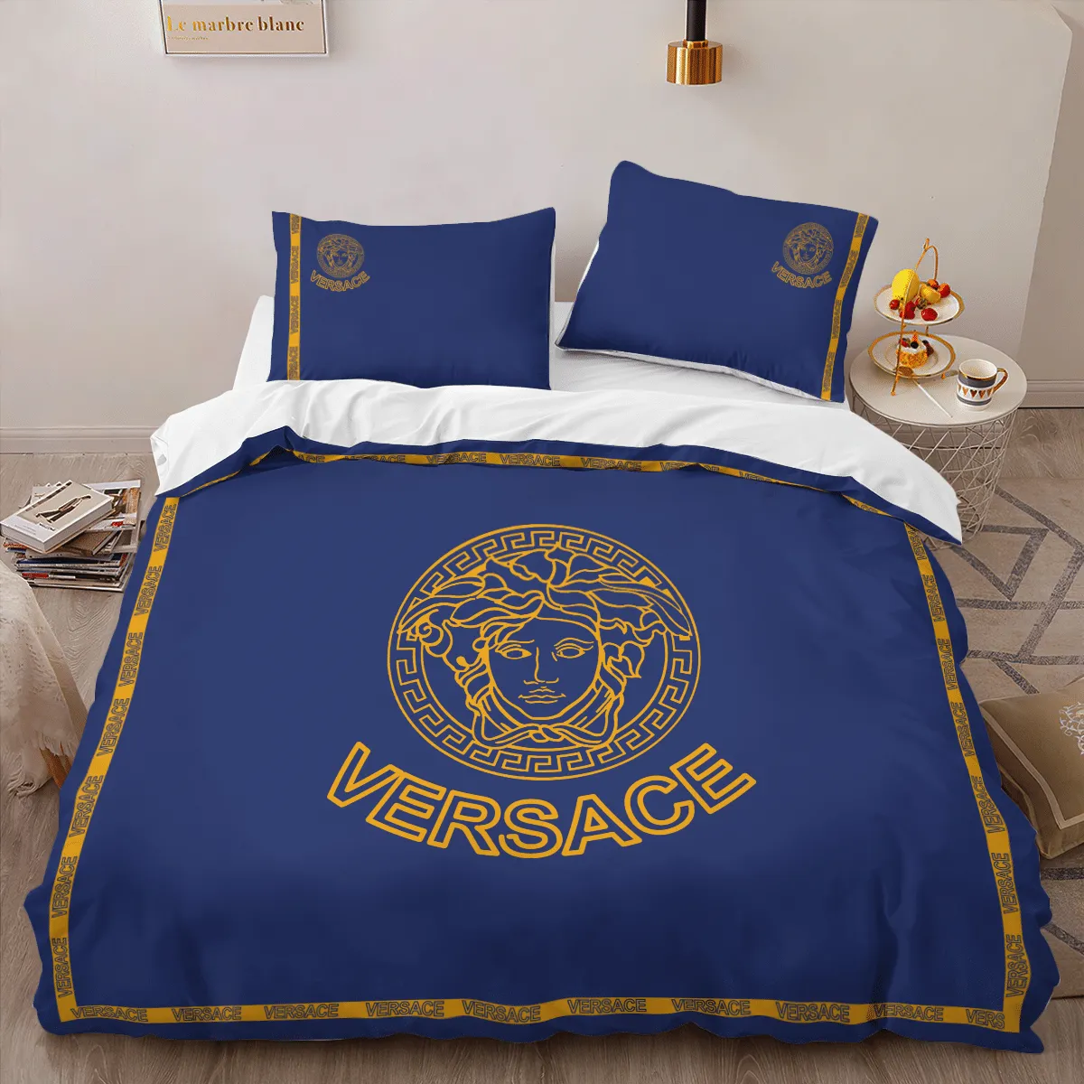 Versace Blue Louis Vuitton Logo Brand Bedding Set Luxury Home Decor Bedspread Bedroom