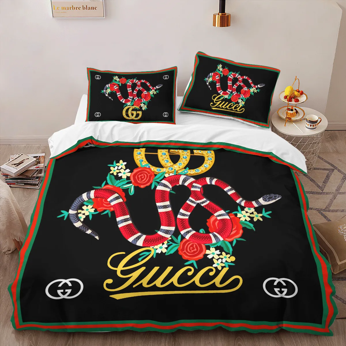 Gucci Red Snake Logo Brand Bedding Set Bedspread Luxury Bedroom Home Decor