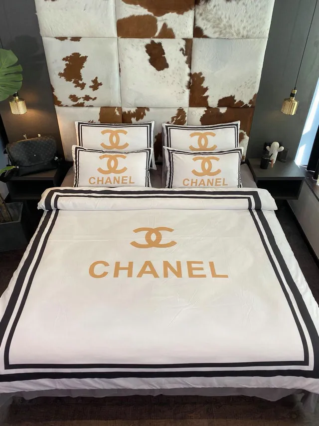 Chanel White Logo Brand Bedding Set Luxury Home Decor Bedroom Bedspread