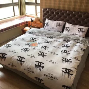 Chanel White Dirty Logo Brand Bedding Set Bedroom Bedspread Luxury Home Decor