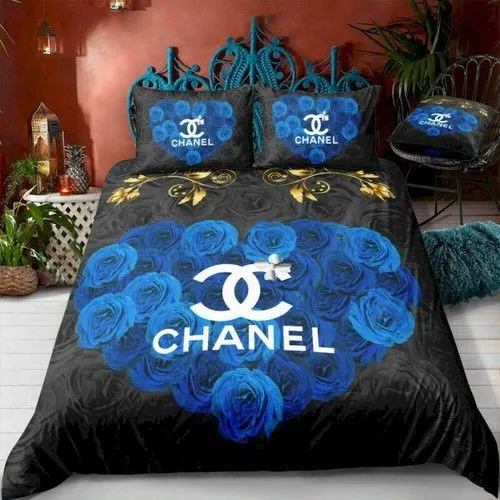 Chanel Blue Roses Logo Brand Bedding Set Bedroom Bedspread Luxury Home Decor