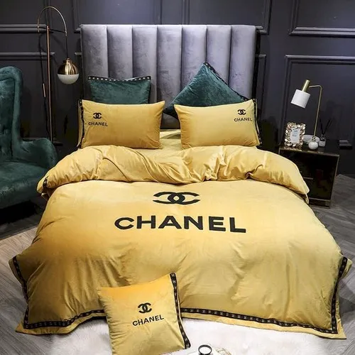 Chanel Yellow Logo Brand Bedding Set Luxury Bedspread Home Decor Bedroom