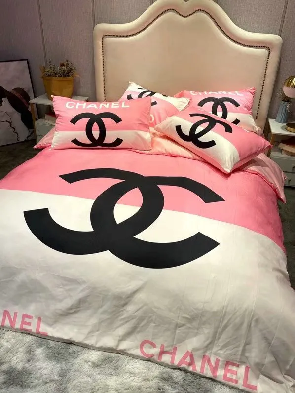 Chanel White Pinky Logo Brand Bedding Set Bedspread Home Decor Bedroom Luxury