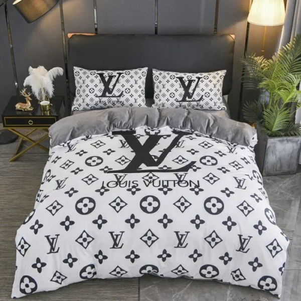 Louis Vuitton White Black Logo Brand Bedding Set Luxury Bedspread Home Decor Bedroom