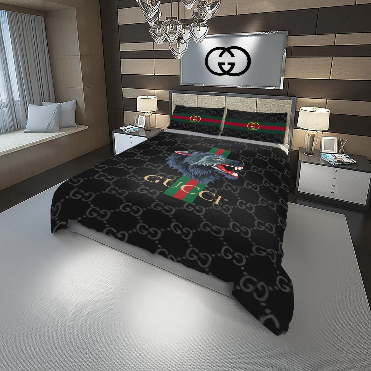 Gucci Wolf Logo Brand Bedding Set Home Decor Luxury Bedroom Bedspread