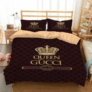 Gucci Queen Brown Logo Brand Bedding Set Luxury Bedspread Home Decor Bedroom