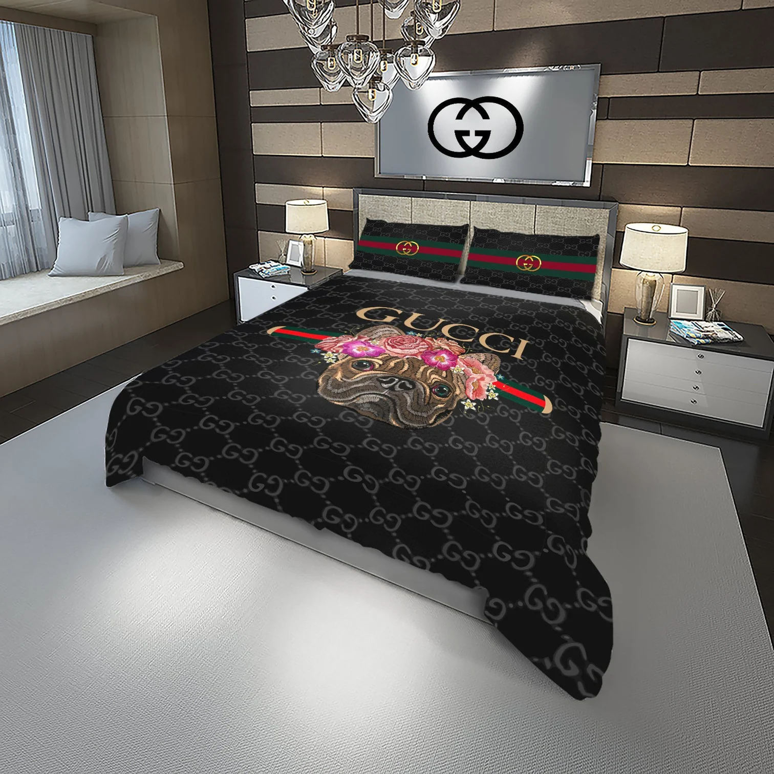 Gucci Doggy And Flowers Logo Brand Bedding Set Bedspread Luxury Bedroom Home Decor