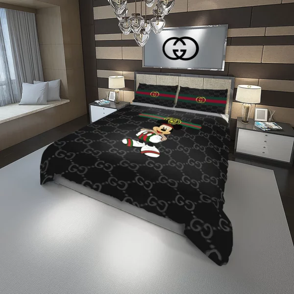 Gucci Mickey Black Logo Brand Bedding Set Bedroom Home Decor Luxury Bedspread