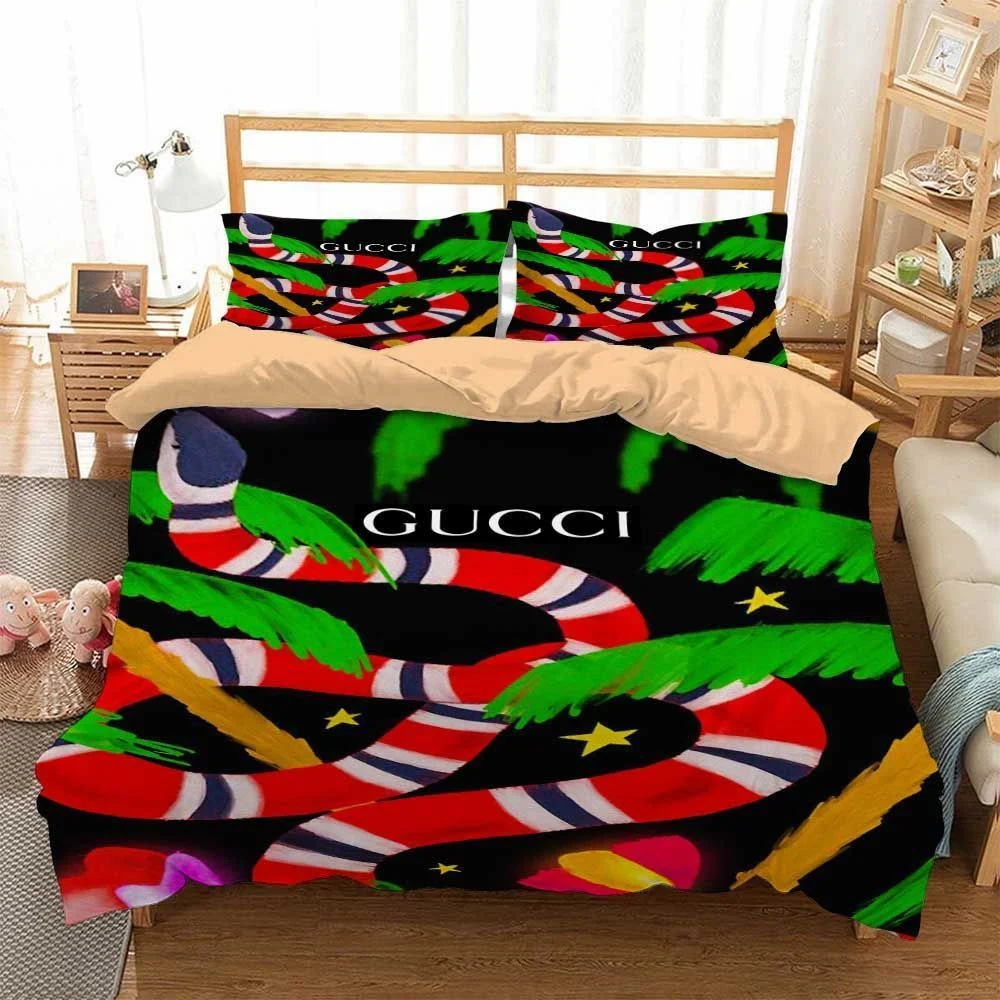 Gucci Big Snake Logo Brand Bedding Set Home Decor Luxury Bedspread Bedroom