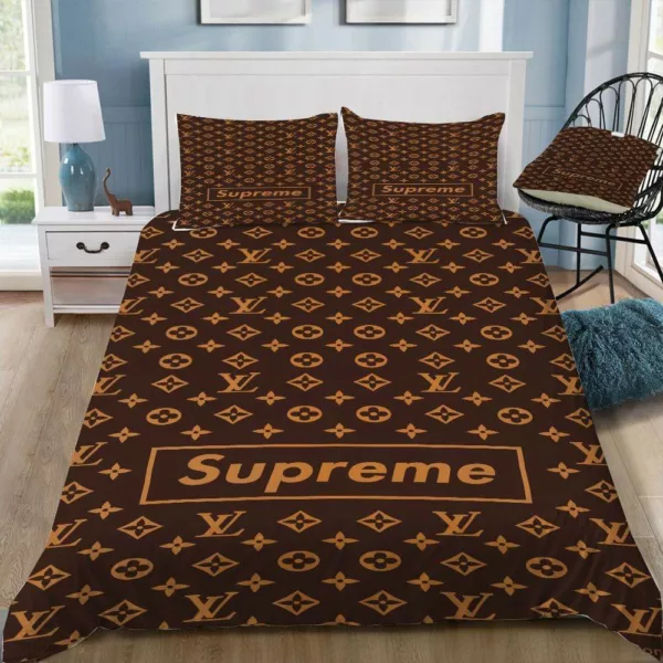 Louis Vuitton Supreme Brown Logo Brand Bedding Set Bedroom Luxury Home Decor Bedspread