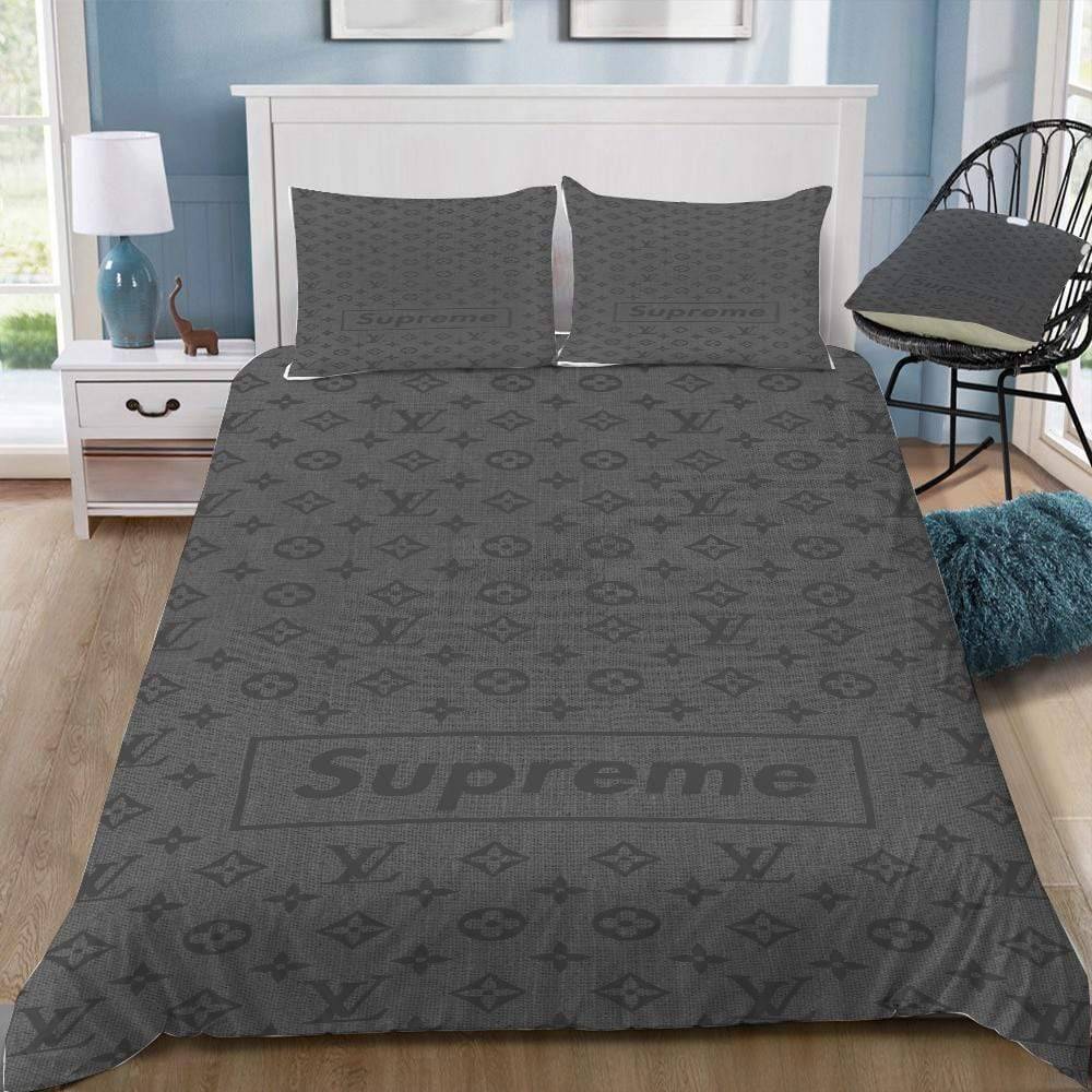 Louis Vuitton Supreme Grey Logo Brand Bedding Set Luxury Bedspread Home Decor Bedroom