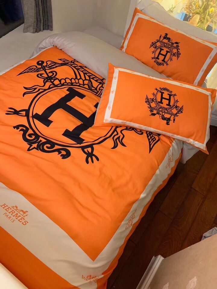 Hermes Orange Logo Brand Bedding Set Bedspread Luxury Home Decor Bedroom