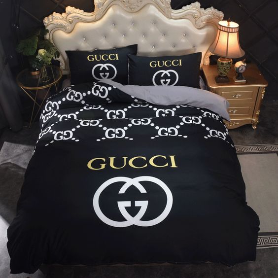 Gucci Black Logo Brand Bedding Set Bedroom Luxury Bedspread Home Decor