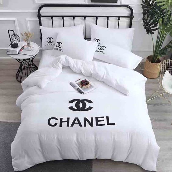 Chanel White Logo Brand Bedding Set Home Decor Bedroom Luxury Bedspread