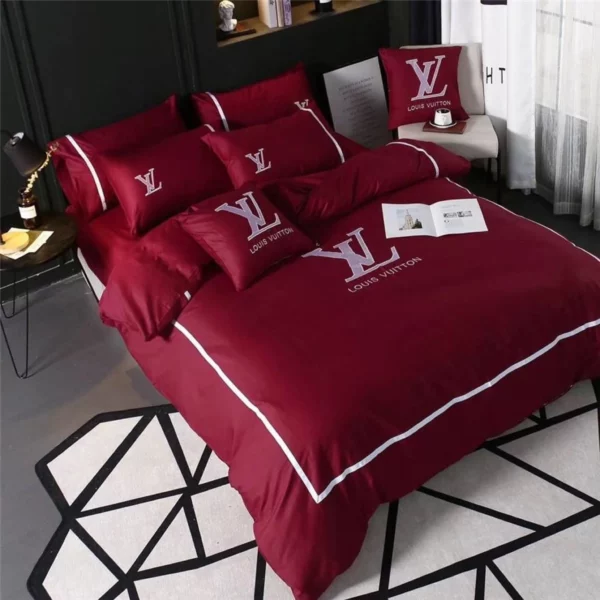 Louis Vuitton Red Logo Brand Bedding Set Bedspread Luxury Home Decor Bedroom