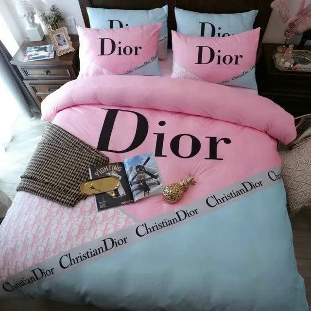 Dior Christian Dior Pink Skyblue Logo Brand Bedding Set Bedspread Luxury Bedroom Home Decor