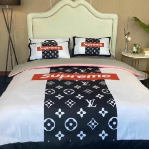 Louis Vuitton Supreme Black White Logo Brand Bedding Set Home Decor Bedroom Bedspread Luxury