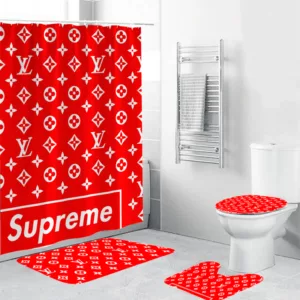 Louis Vuitton Supreme Red Bathroom Set Home Decor Luxury Fashion Brand Hypebeast Bath Mat