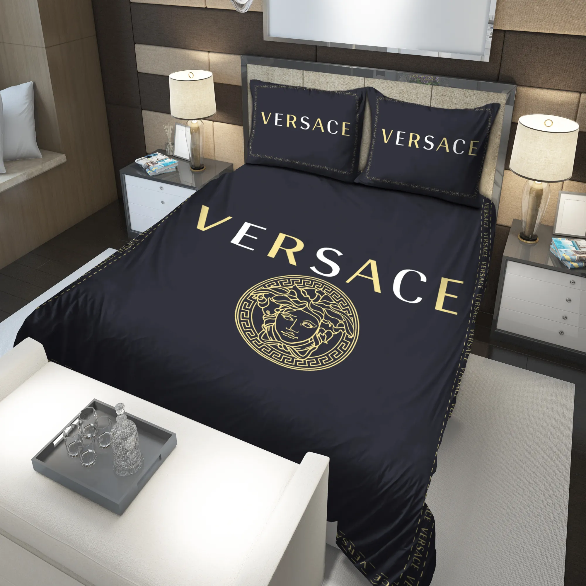 Versace Black Logo Brand Bedding Set Bedroom Home Decor Bedspread Luxury