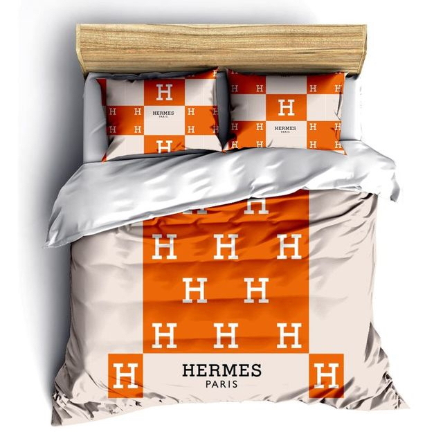 Hermes Paris Logo Brand Bedding Set Bedspread Bedroom Luxury Home Decor