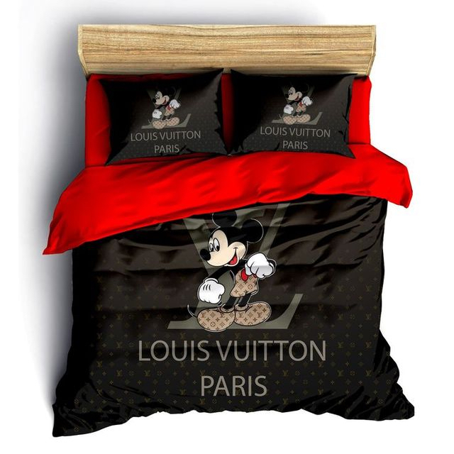 Louis Vuitton Mickey Mouse Logo Brand Bedding Set Bedroom Home Decor Luxury Bedspread