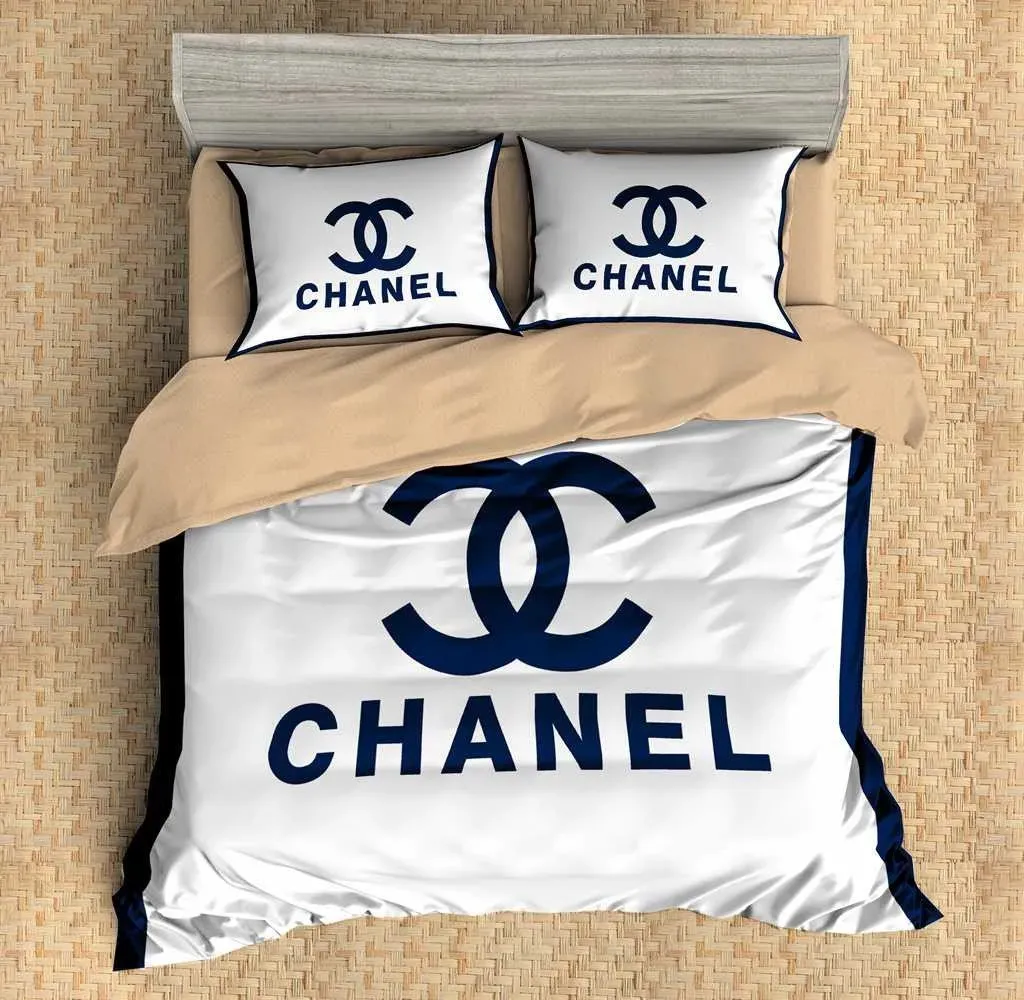 Chanel White In Blue Logo Brand Bedding Set Bedspread Luxury Bedroom Home Decor