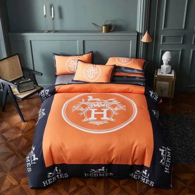 Hermes Orange Logo Brand Bedding Set Luxury Home Decor Bedspread Bedroom