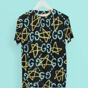 Gucci Yellow Blue Pattern Black T Shirt Outfit Luxury Fashion