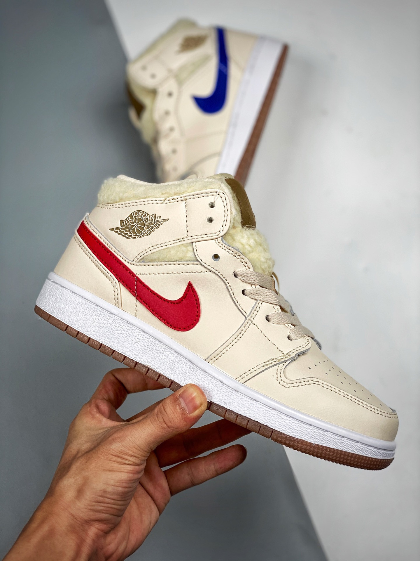 Air Jordan 1 Mid  Fleece White Dark Driftwood-Pink Salt-Racer Blue For Sale