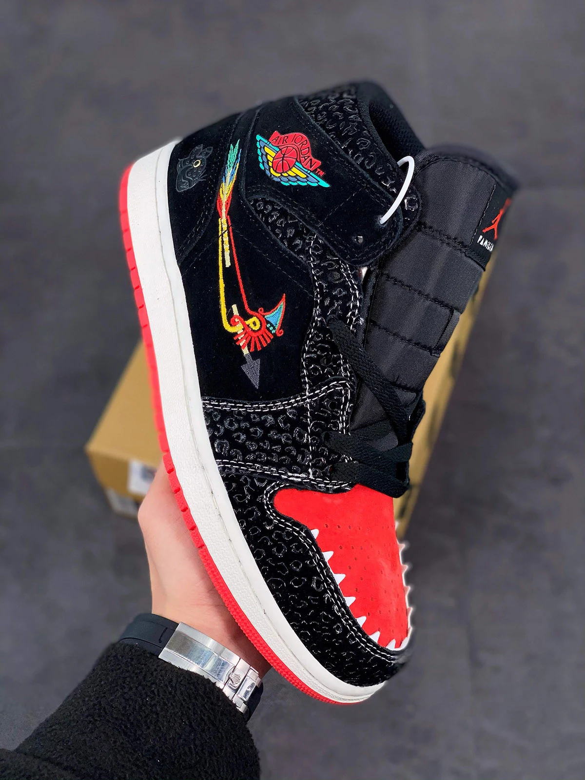 Air Jordan 1 Mid Siempre Familia Black Sail-Roma Green-Chile Red For Sale