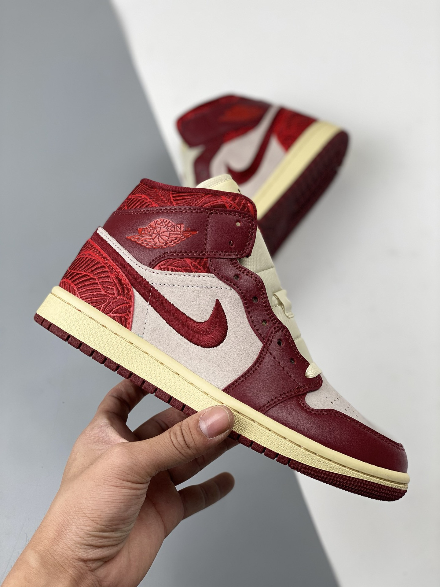 Air Jordan 1 Mid Tiki Leaf Team Red Sail Muslin DZ2820-601 For Sale