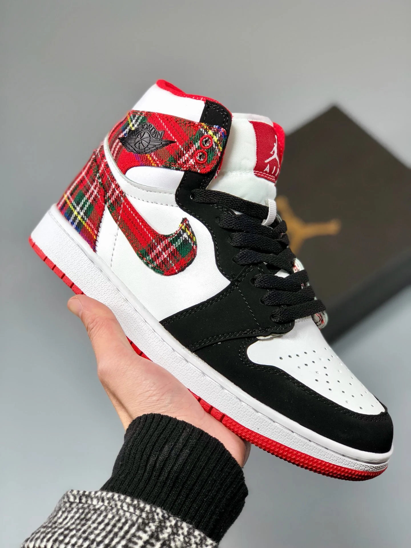 Air Jordan 1 Mid White Plaid Habanero Red Black-White On Sale