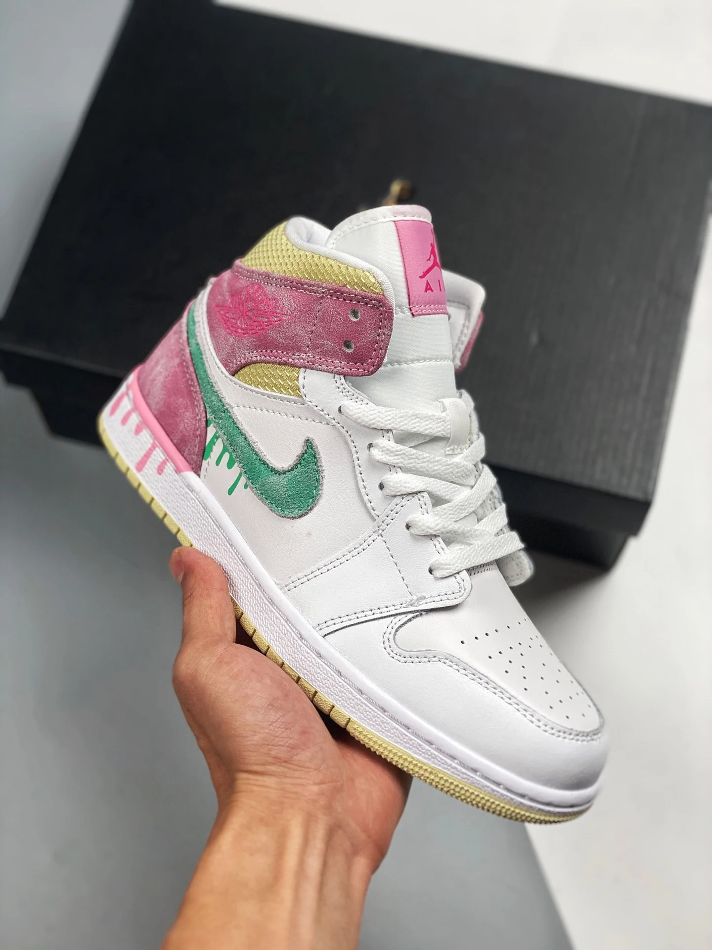 Air Jordan 1 Mid GS Paint Drip White Pink Yellow Green DD1666-100 For Sale