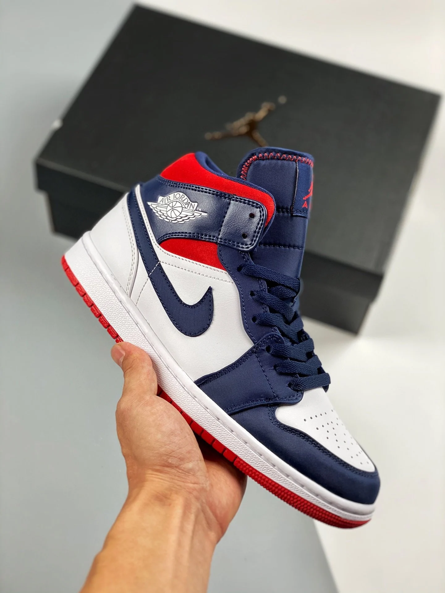 Air Jordan 1 Mid SE USA White Navy Blue-University Red For Sale