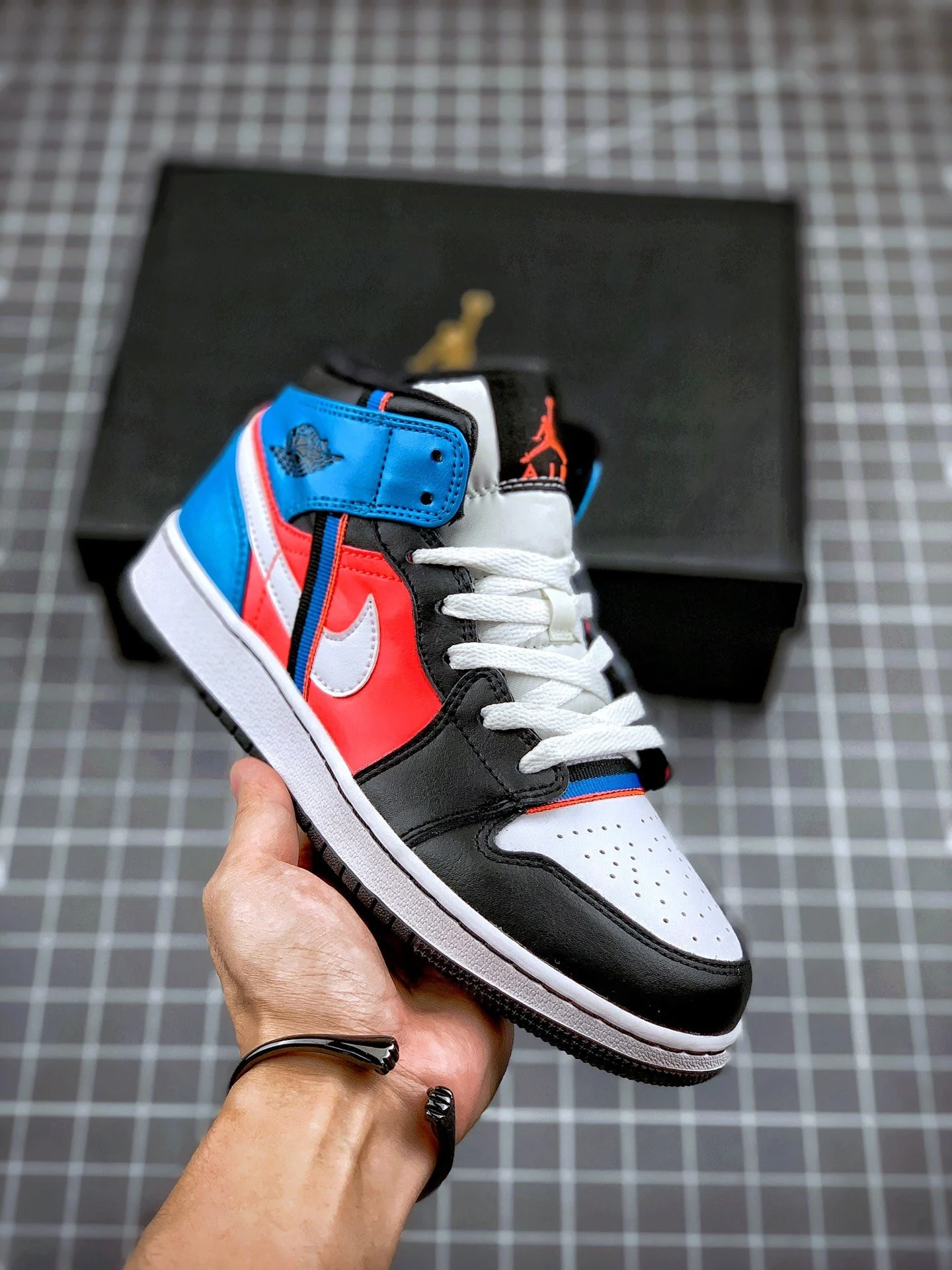 Air Jordan 1 Mid White Black Crimson Blue For Sale