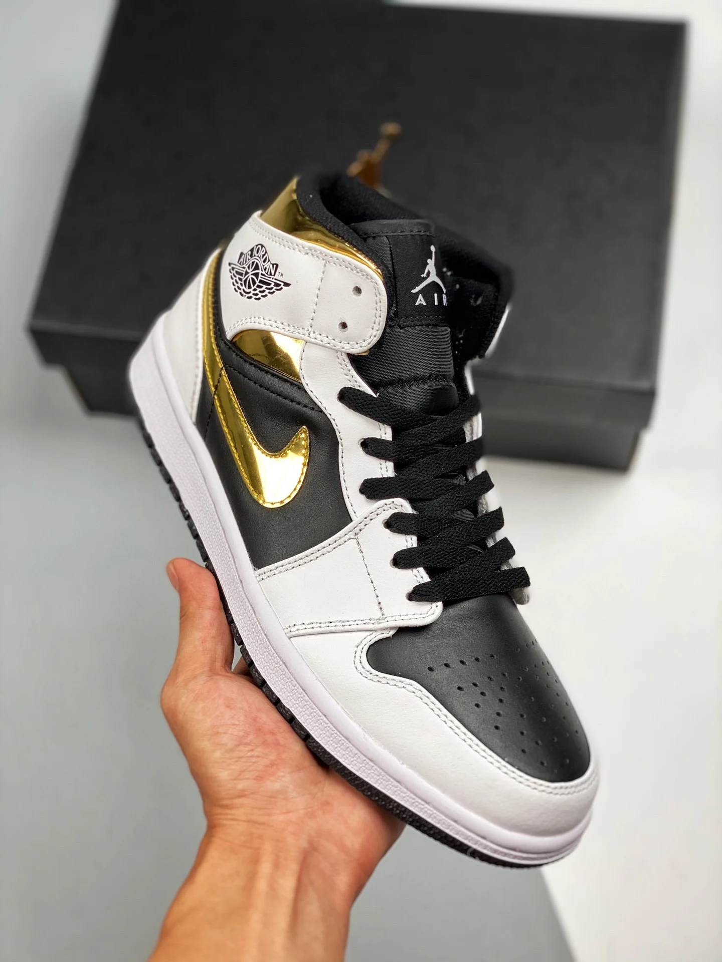 Air Jordan 1 Mid White Black-Metallic Gold For Sale