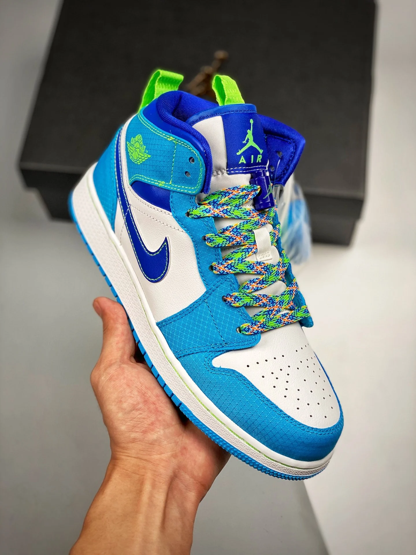 Air Jordan 1 Mid White Blue Neon Green DA8010-400 For Sale