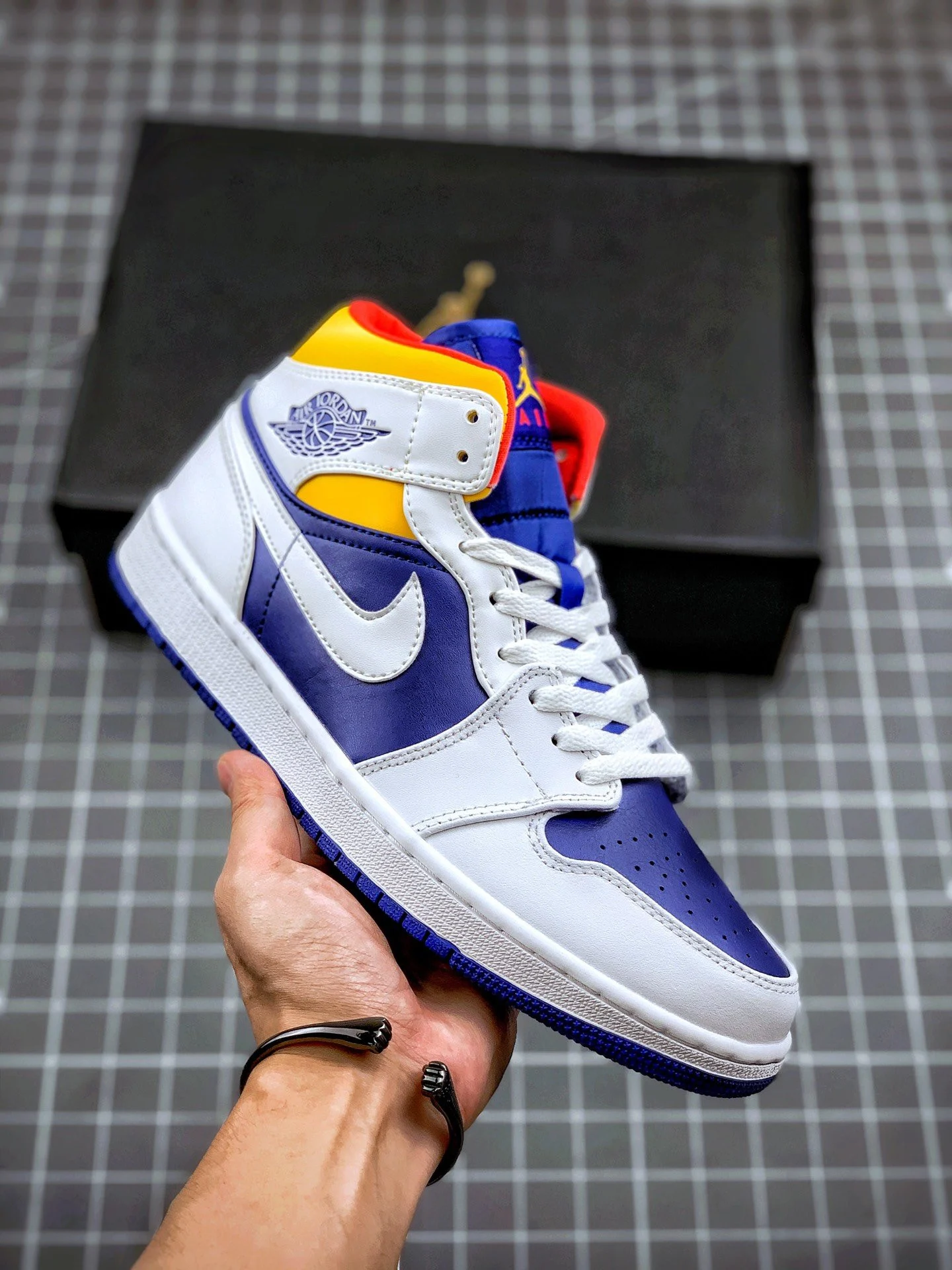 Air Jordan 1 Mid White Deep Royal Blue-Track Red-Laser Orange For Sale