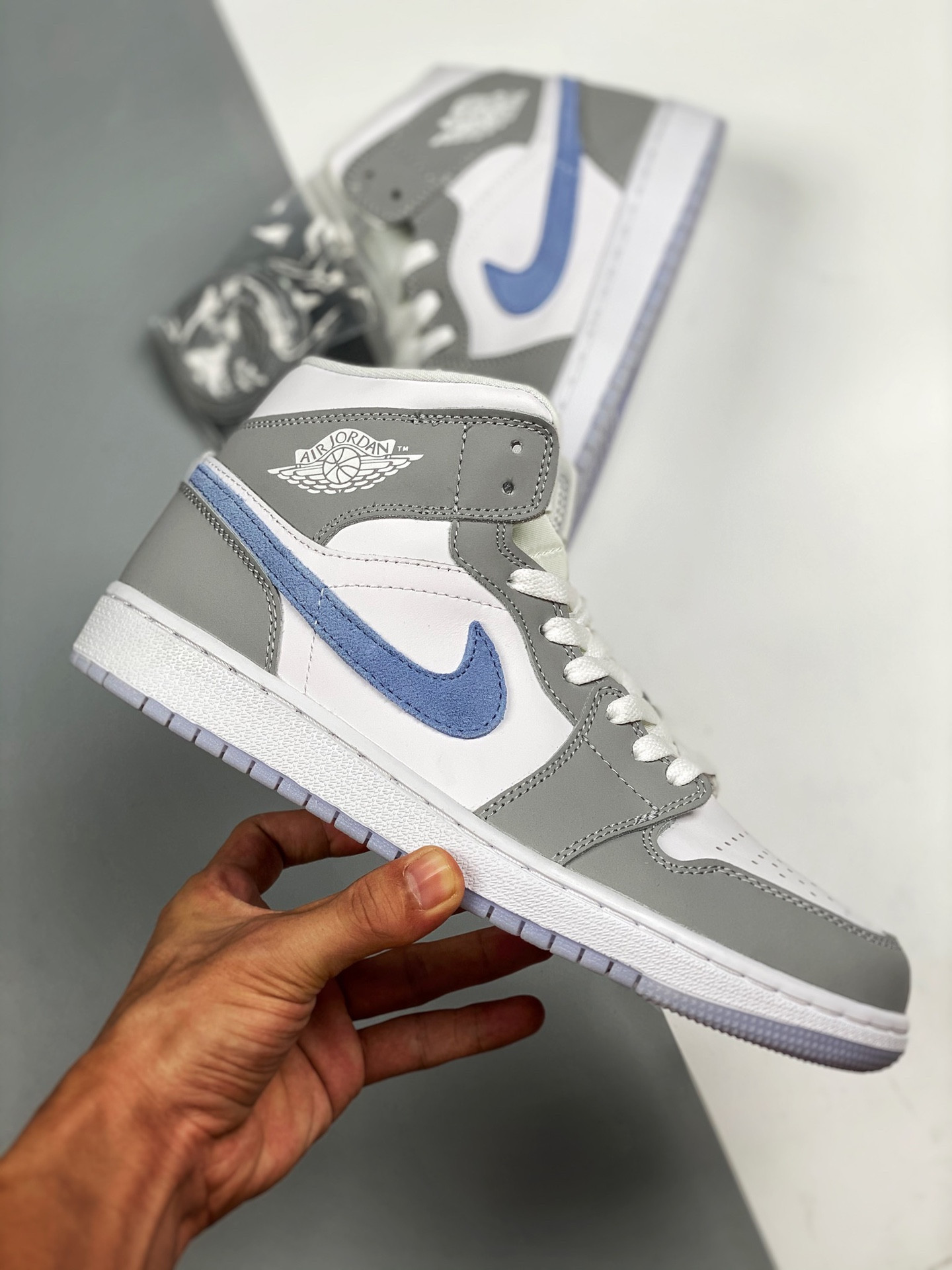 Air Jordan 1 Mid White Grey Blue With Icy Soles