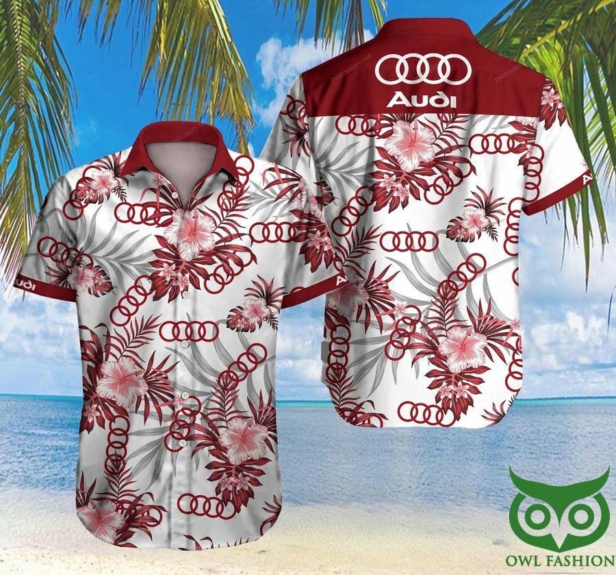 Audi Dark Red Floral White Hawaiian Shirt