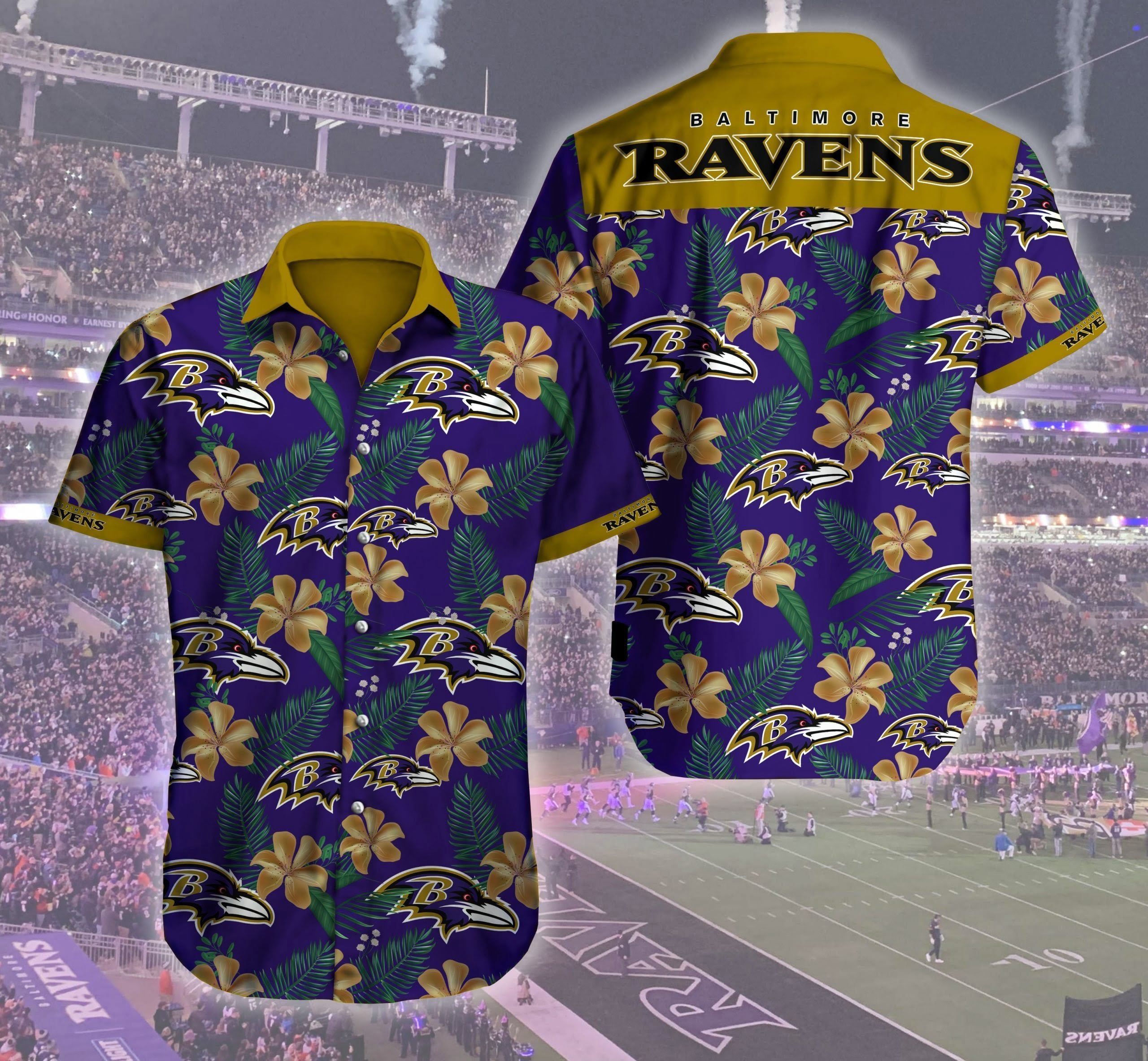 Baltimore Ravens Button Up Hawaiian Shirt