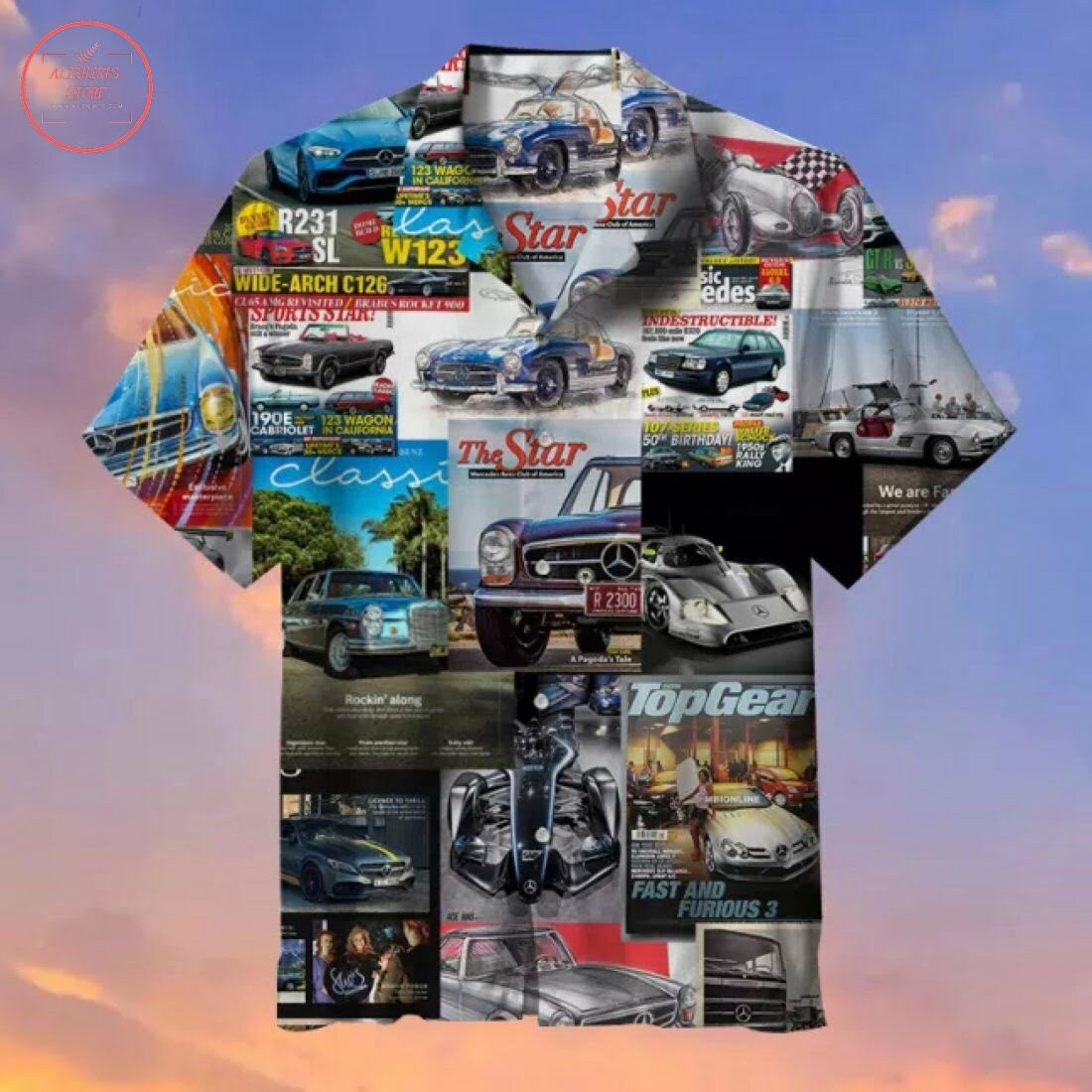 Benz Magazine Splicing Hawaiian Shirt