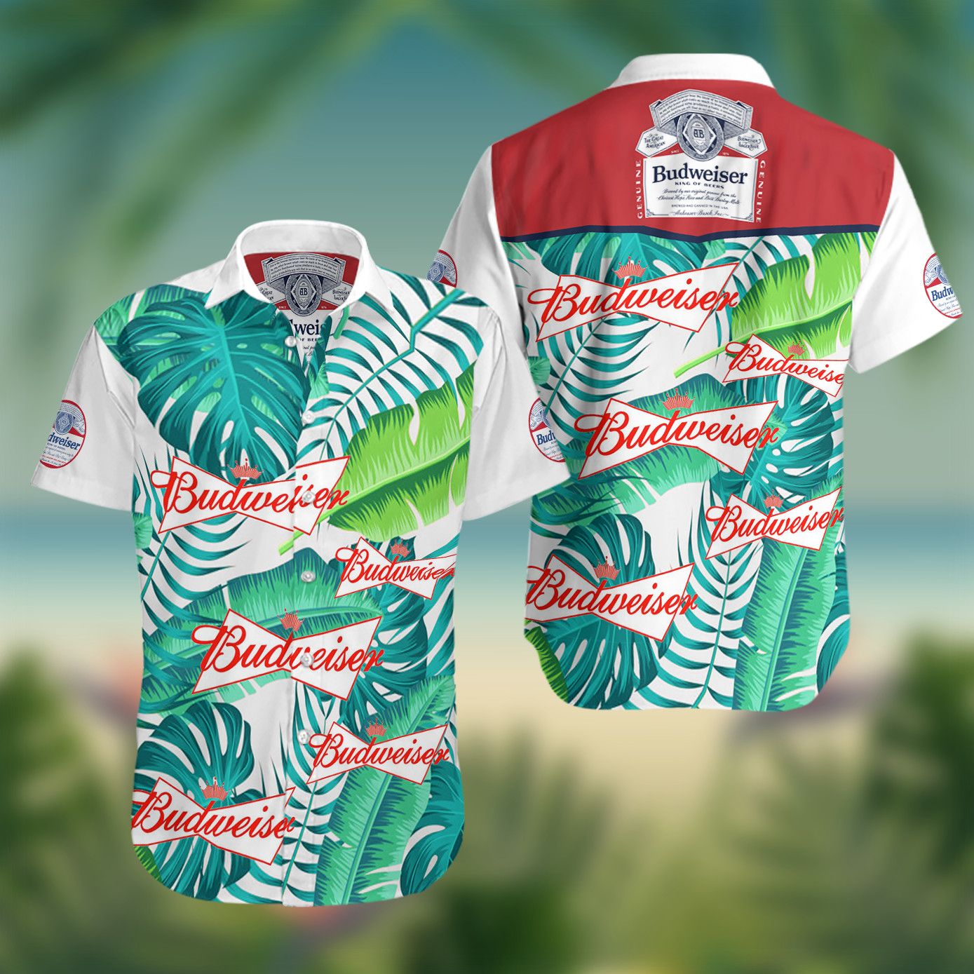 Budweiser Beer Tropical Palm Leave Green Hawaiian Shirt