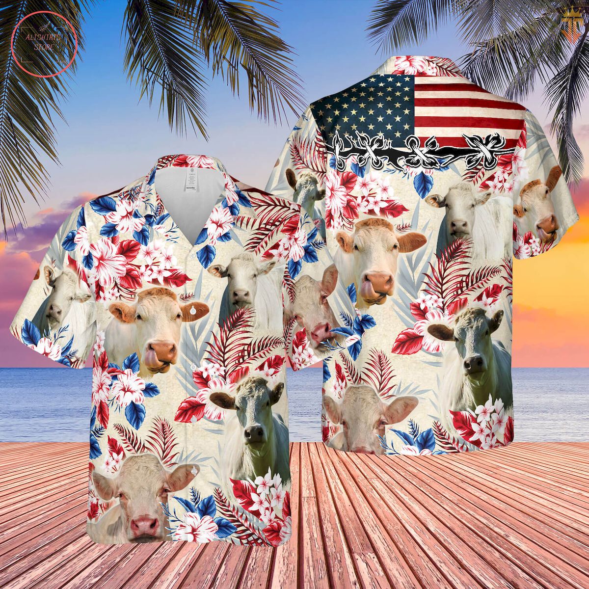 Charolais Cattle American Flag Hawaiian Shirt