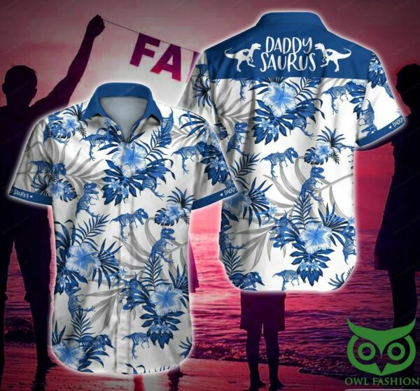 Daddysaurus Blue Floral White Hawaiian Shirt