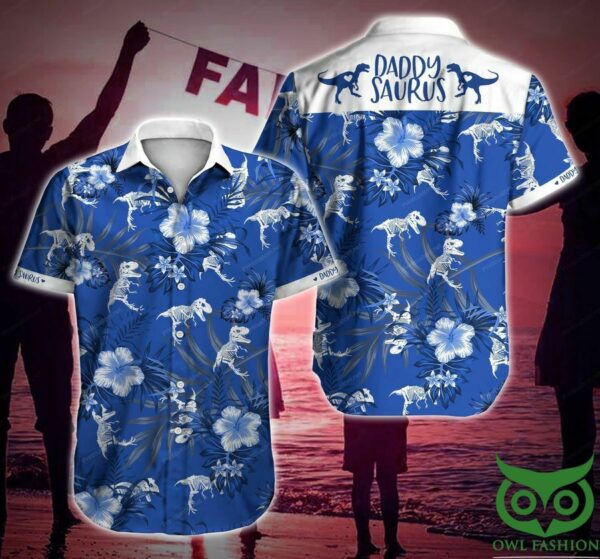 Daddysaurus Dinosaur Blue And White Flowers Hawaiian Shirt