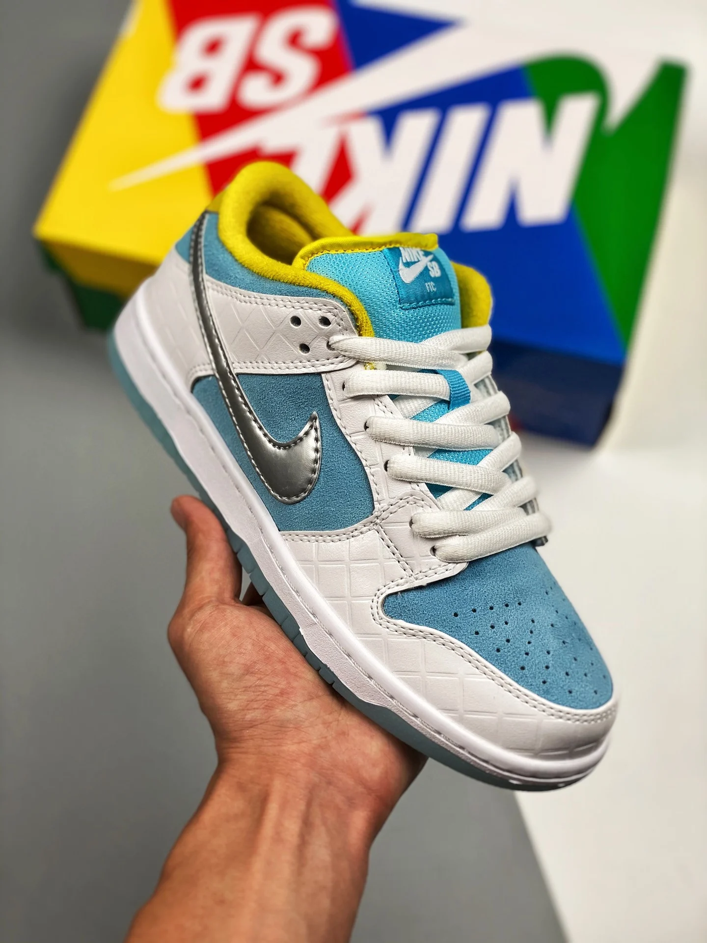 FTC x Nike SB Dunk Low White Lagoon Pulse-Metallic Silver-Speed Yellow For Sale